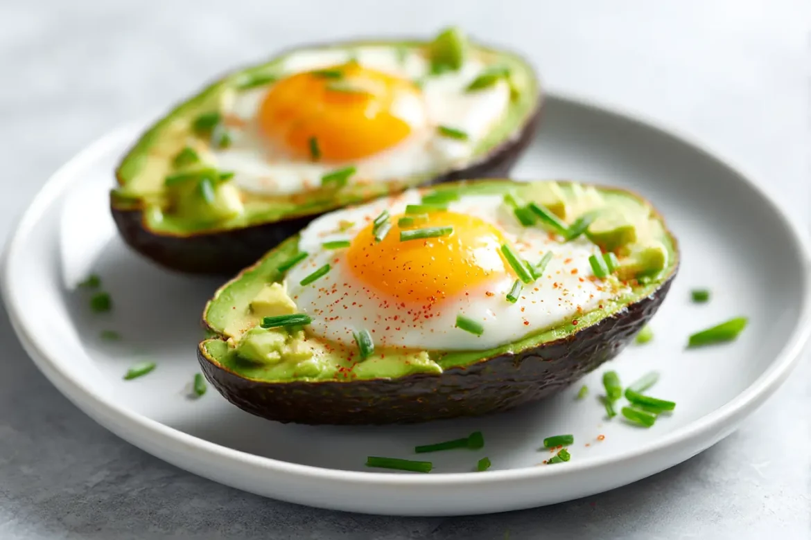 Awokado z jajkiem w air fryer podane na talerzu.