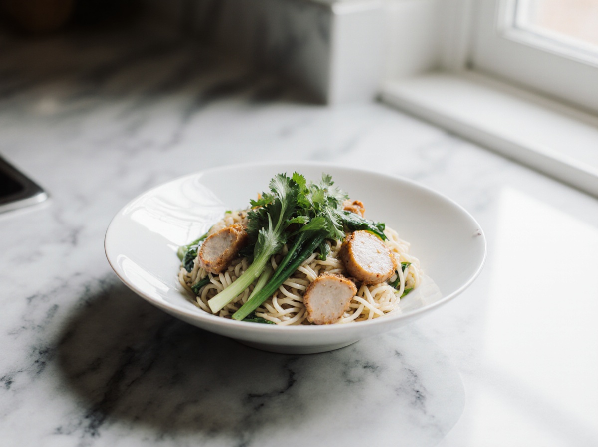 bowl z makaronem ryzowym i kurczakiem z air fryer