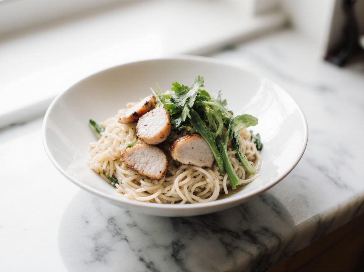 bowl z makaronem ryzowym i kurczakiem z air fryer