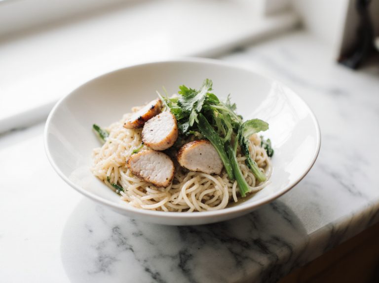 bowl z makaronem ryzowym i kurczakiem z air fryer