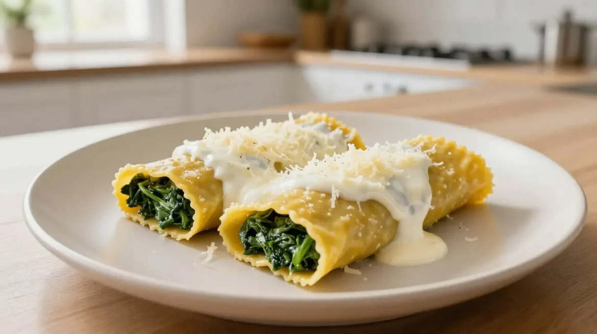 Pyszne cannelloni ze szpinakiem w kremowym sosie pomidorowym.