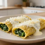 Pyszne cannelloni ze szpinakiem w kremowym sosie pomidorowym.