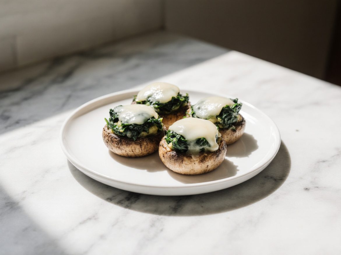 Faszerowane pieczarki z Air Fryer na talerzu, idealne na przekąskę.