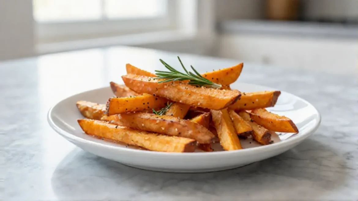 Frytki z batata z Air Fryer Frytki z batata z rozmarynem z Air Fryer na talerzu.
