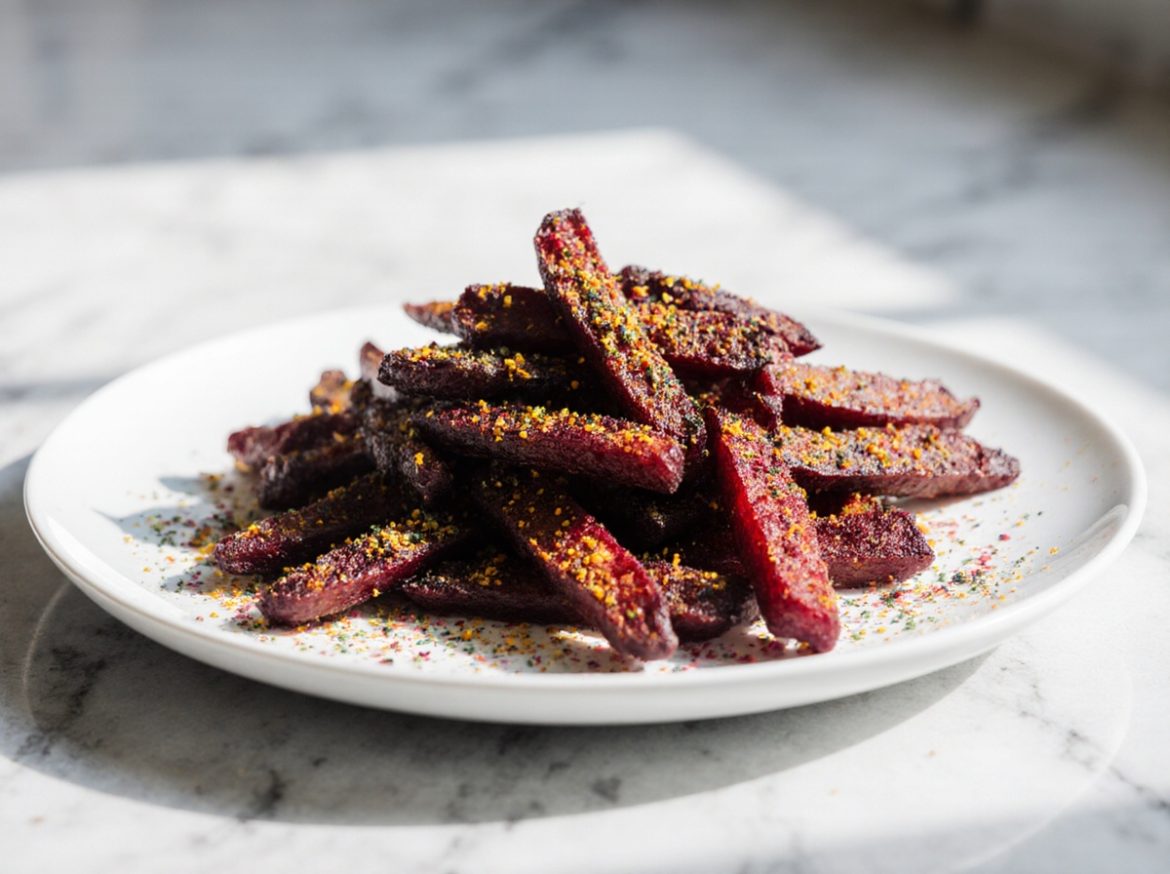 Pyszne frytki z buraka w air fryer, idealne na zdrową przekąskę.
