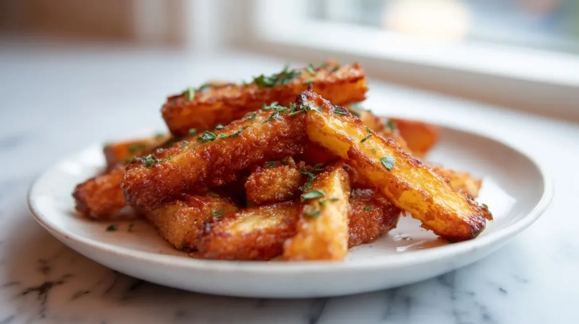 Frytki z rzepy z air fryer podane na talerzu.