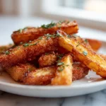 Frytki z rzepy z air fryer podane na talerzu.