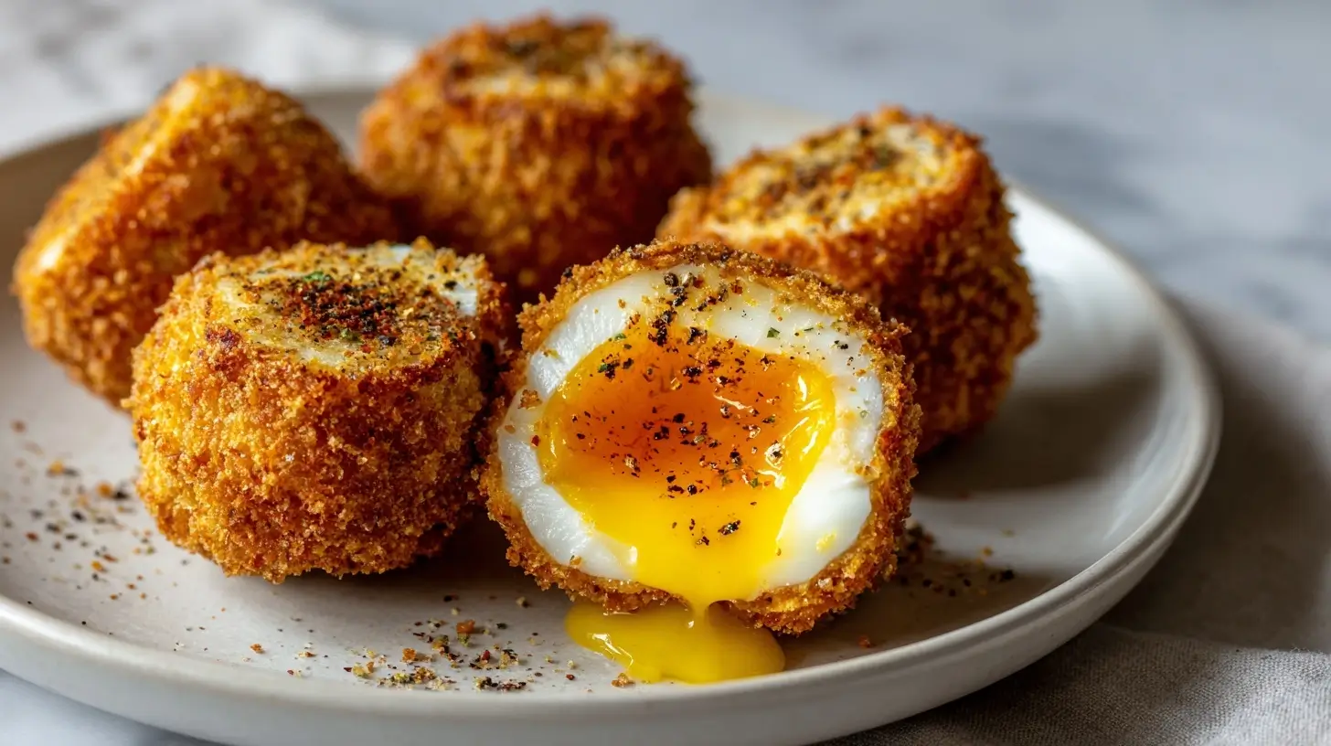 Jajka po szkocku z Air Fryer na talerzu.