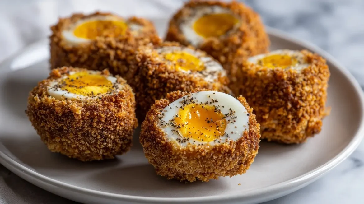 Jajka po szkocku z Air Fryer na talerzu.