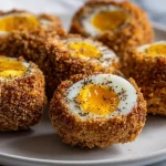 Jajka po szkocku z Air Fryer na talerzu.