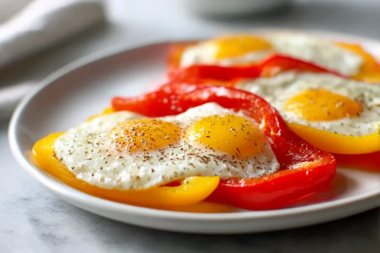 Jajka sadzone w papryce w Air Fryer na delikatnym talerzu.