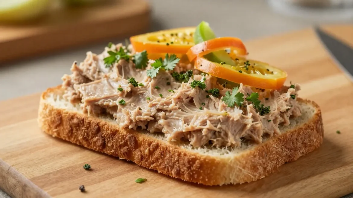 Sycąca kanapka z pastą z tuńczyka, idealna na szybki lunch.