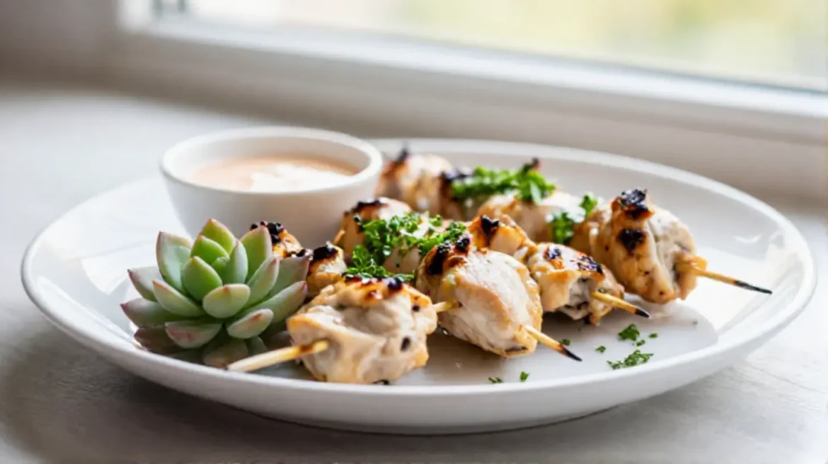 Smaczny kebab z kurczakiem z air fryer na talerzu.
