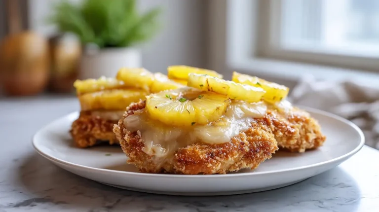 Kotlety schabowe zapiekane z ananasem z air fryer na talerzu.