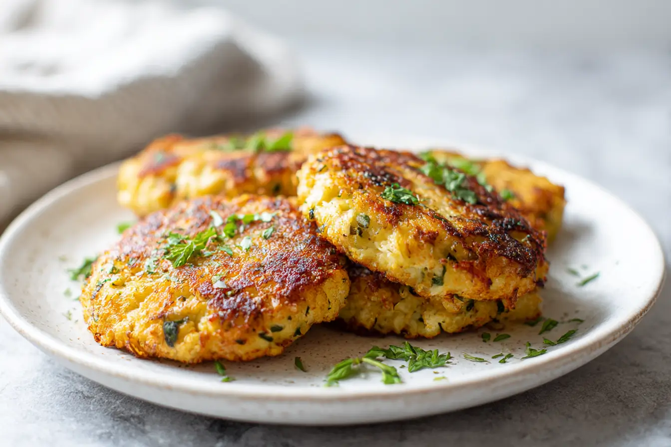 Kotlety z kalafiora z Air Fryer na talerzu.