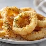 Krążki cebulowe z Air Fryer na talerzu.