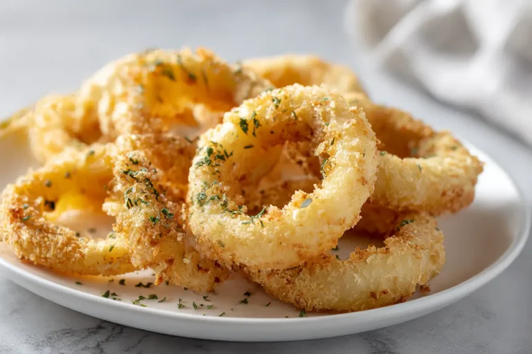 Krążki cebulowe z Air Fryer na talerzu.