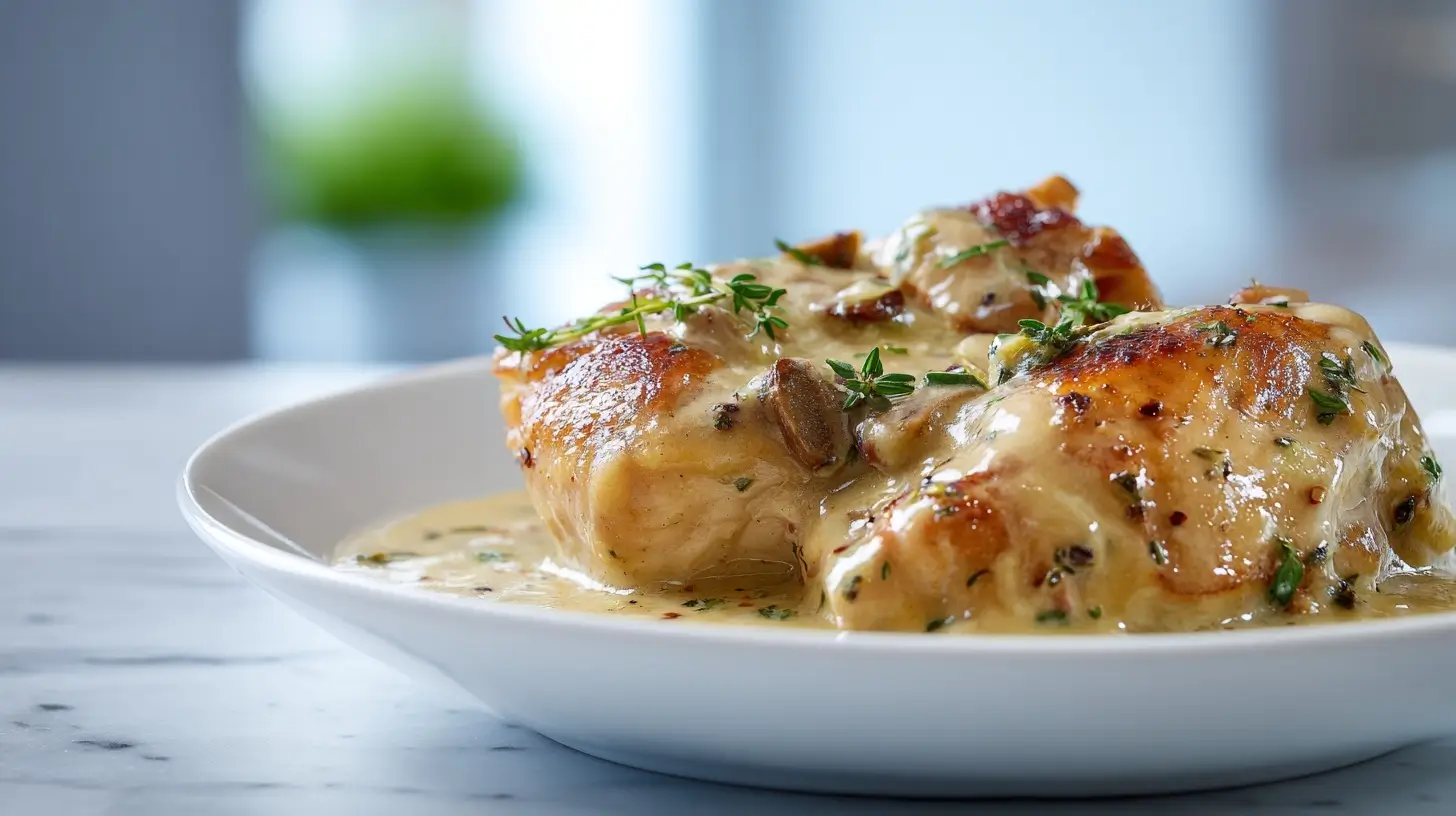 Kurczak w sosie śmietanowym z Air Fryer na talerzu.