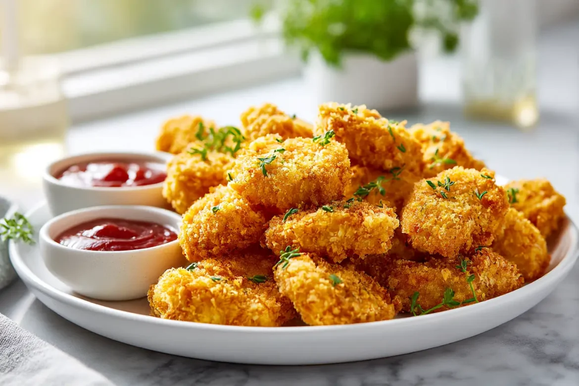 Nuggetsy z Air Fryer Nuggetsy z kurczaka z Air Fryer na talerzu.