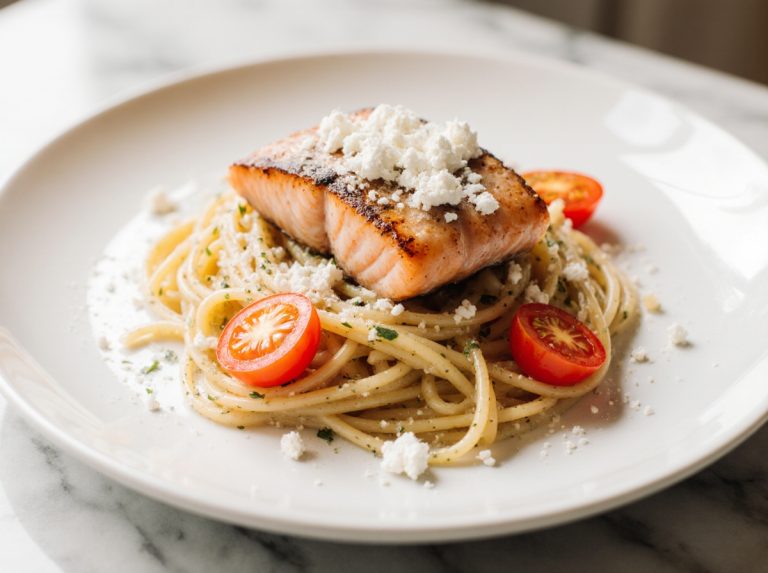 Pasta z lososia z feta i pomidorkami z air fryer.