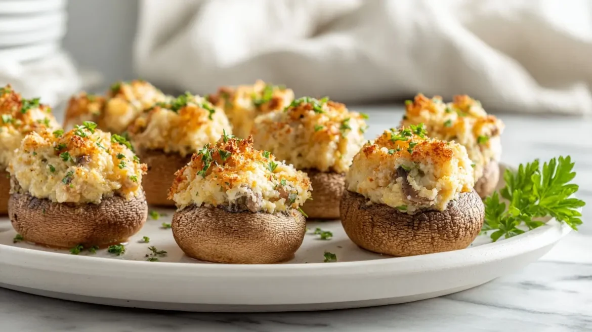 Pyszne pieczarki faszerowane z air fryer przygotowane na talerzu.