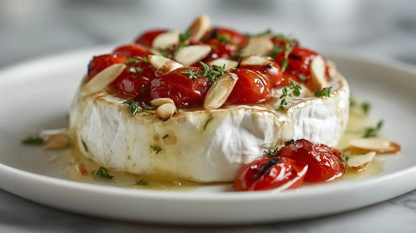 pieczony camembert z pomidorkami koktajlowymi i platkami czosnku