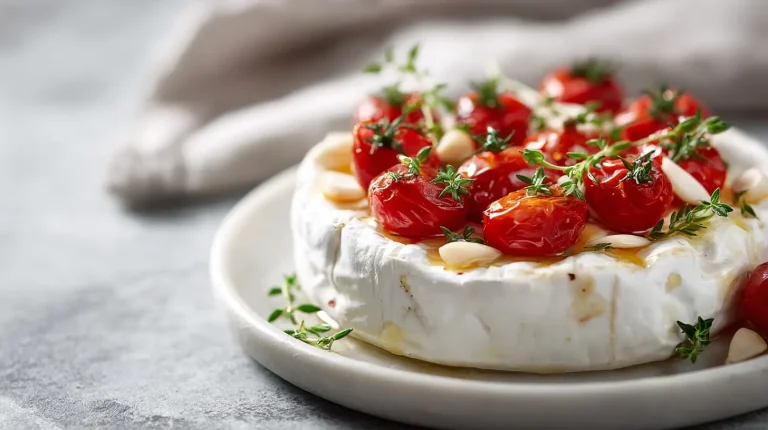 Pyszny pieczony camembert z pomidorkami koktajlowymi i platkami czosnku.