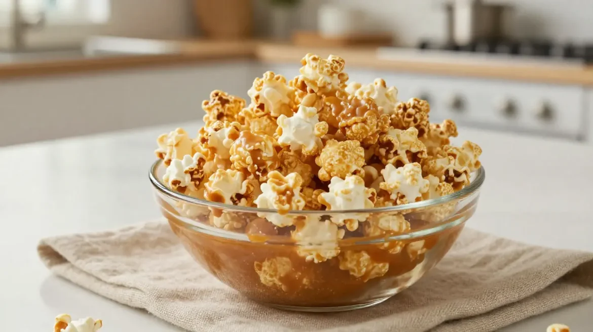 Pyszny popcorn karmelowy przygotowany w Air Fryer, idealny na wieczór filmowy.