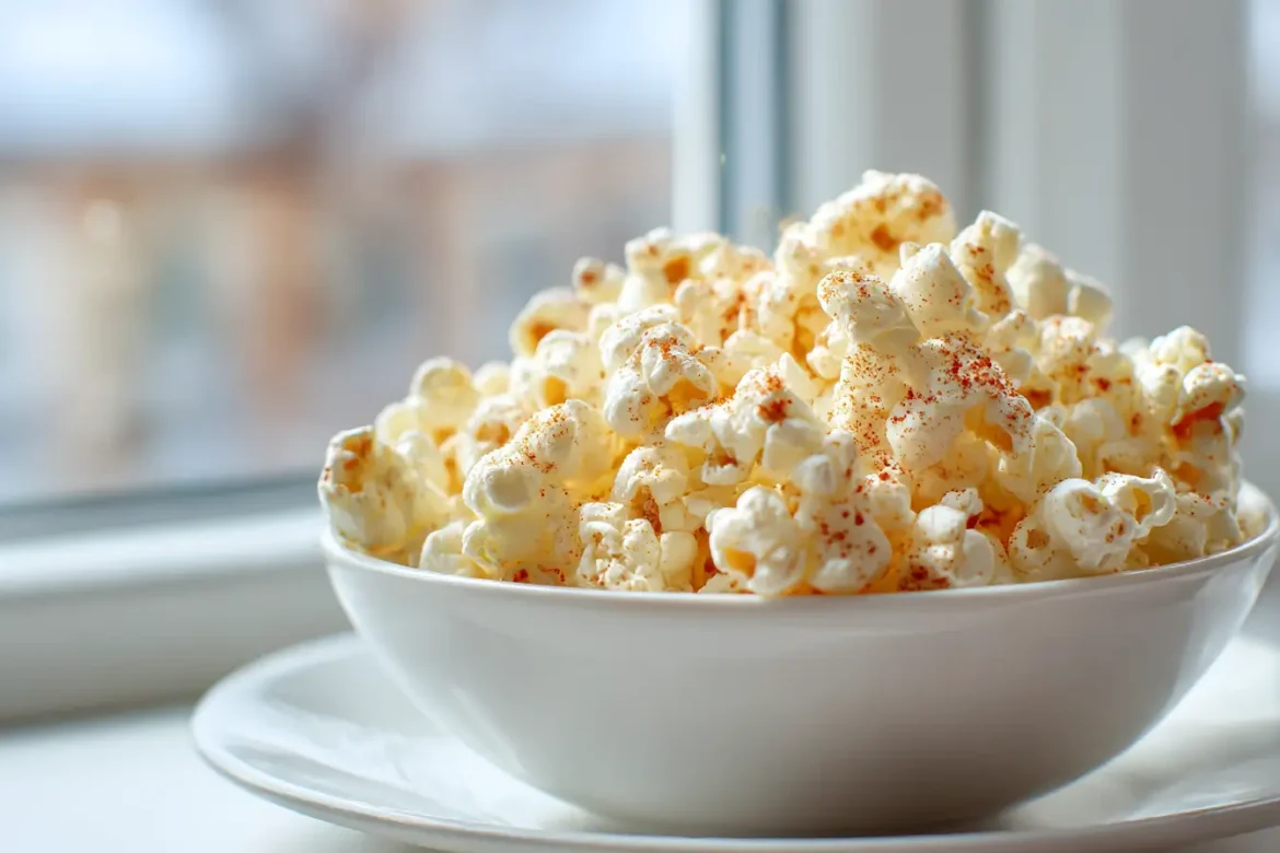 Popcorn z Air Fryera w misce, chrupiące i aromatyczne.