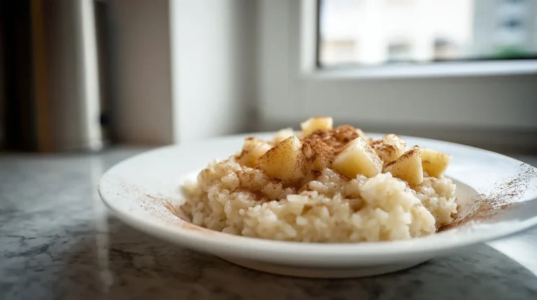 Ryż pieczony z jabłkiem z Air Fryer na talerzu.