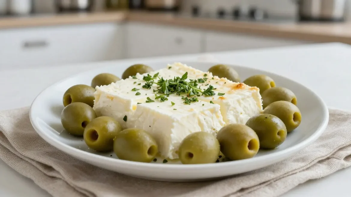 Pyszna pieczona ser feta z oliwkami, idealna na każdą okazję.