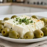 Pyszna pieczona ser feta z oliwkami, idealna na każdą okazję.
