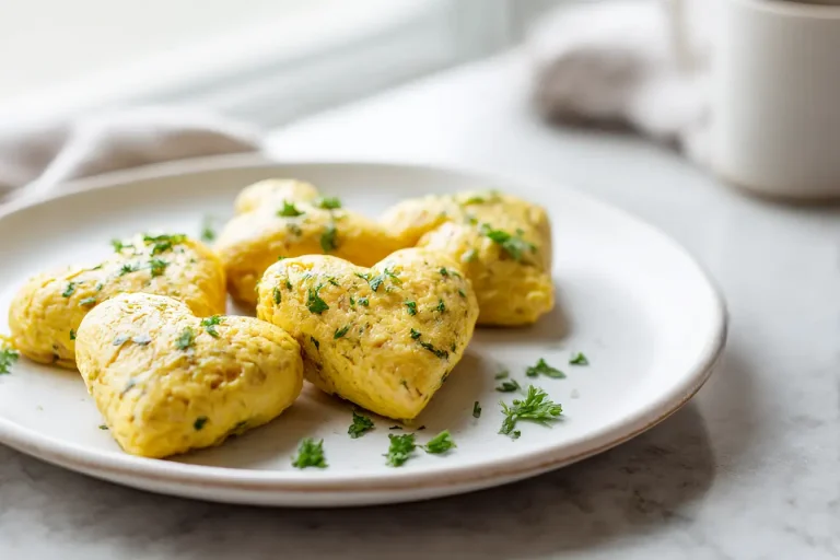 Serca z jajka i parowki w air fryer podane na talerzu.
