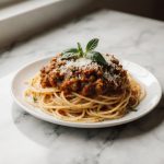 Pyszne spaghetti z Air Fryer gotowane w sosie pomidorowym.