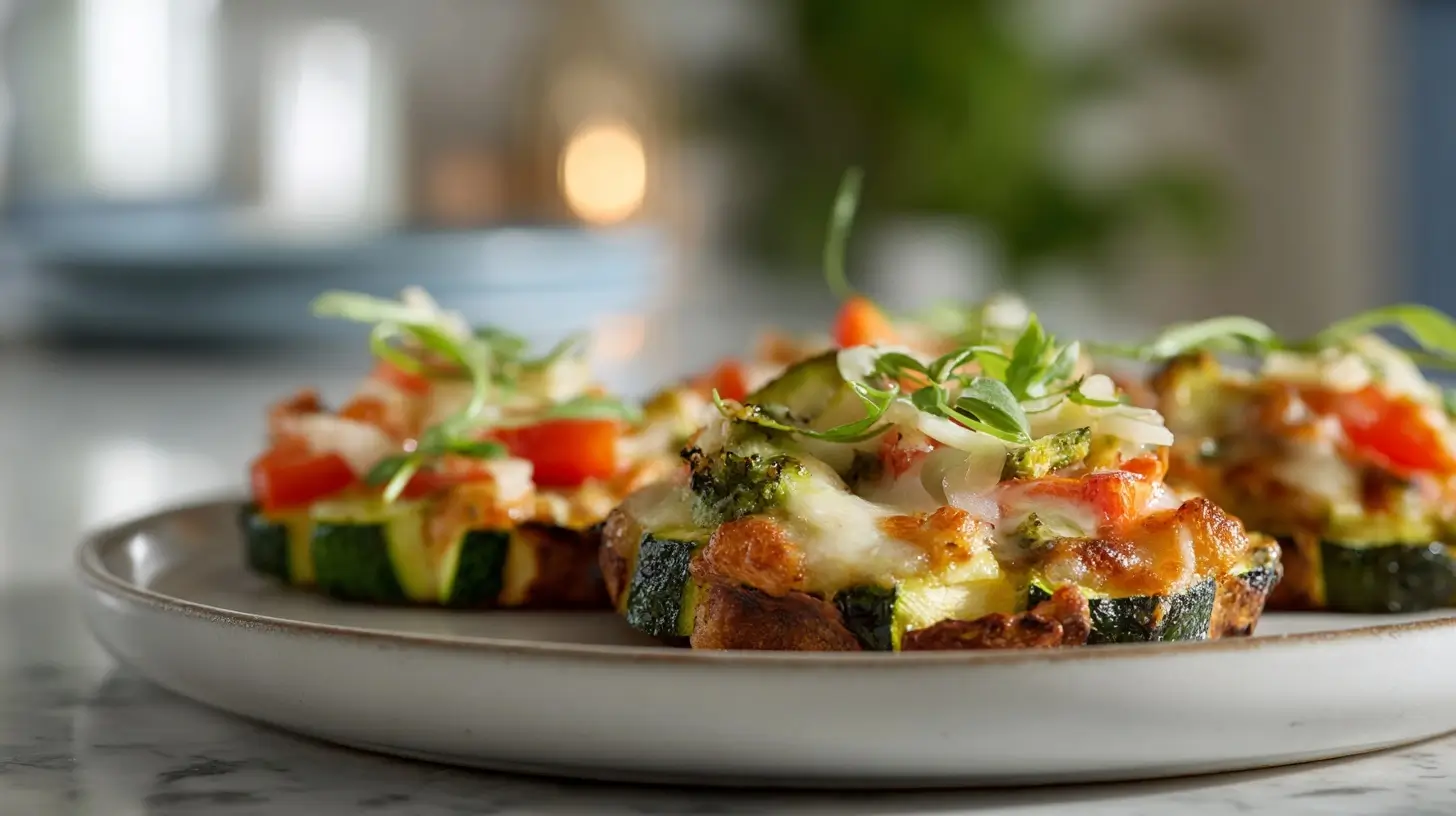 Szybkie pizzerki z cukinii w Air Fryerze na talerzu.