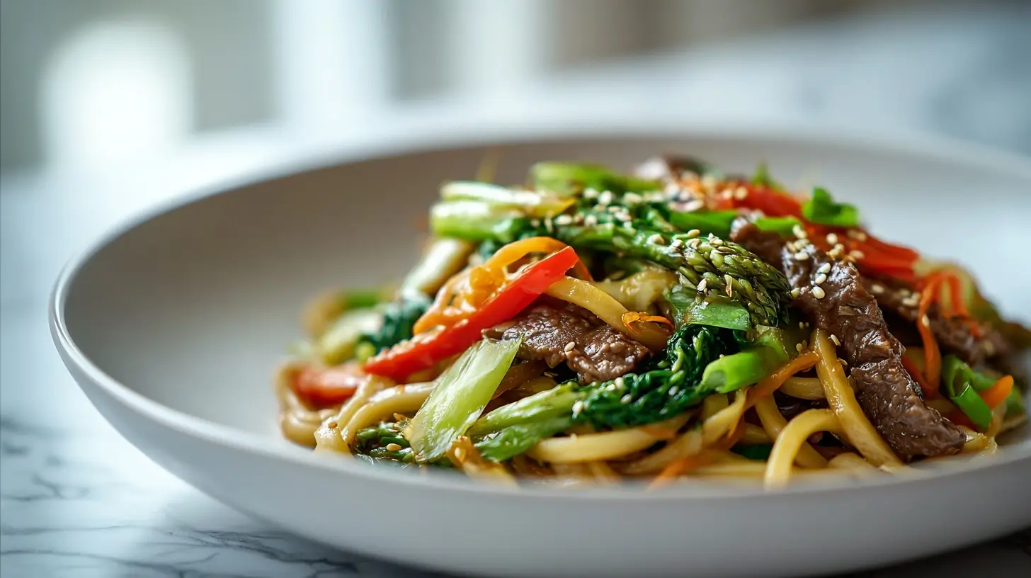 Udon z wolowina i warzywami z air fryer.