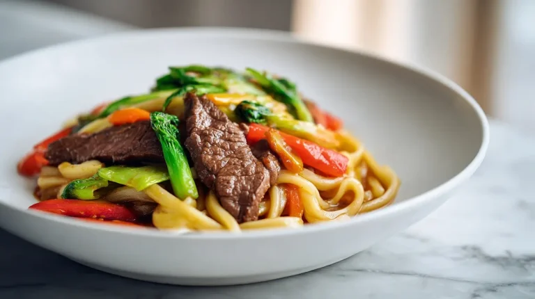 Udon z wołowina i warzywami z air fryer na talerzu.