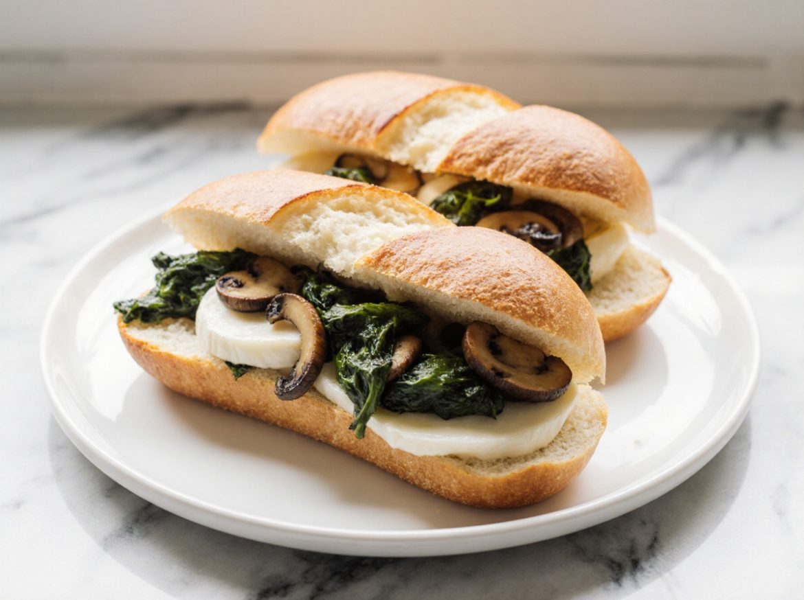 Zapiekane bagietki ze szpinakiem, pieczarkami i camembertem.