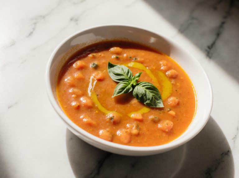 Zupa krem z pomidorów z air fryer podana w misce.